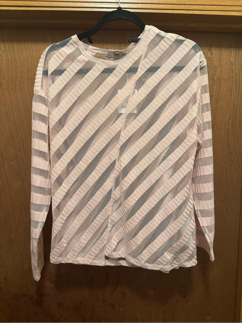 Zara Sheer Striped Long Sleeve Top - Pale Pink & White